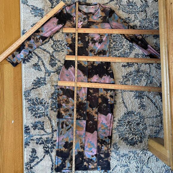 NWOT Care Bears Tie Dye Sheer Mesh Maxi Dress Long Sleeve Grunge Bodycon Size S - Picture 8 of 8